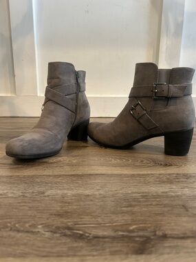 Women's Gray Suede Ankle Boots with Buckle Detail